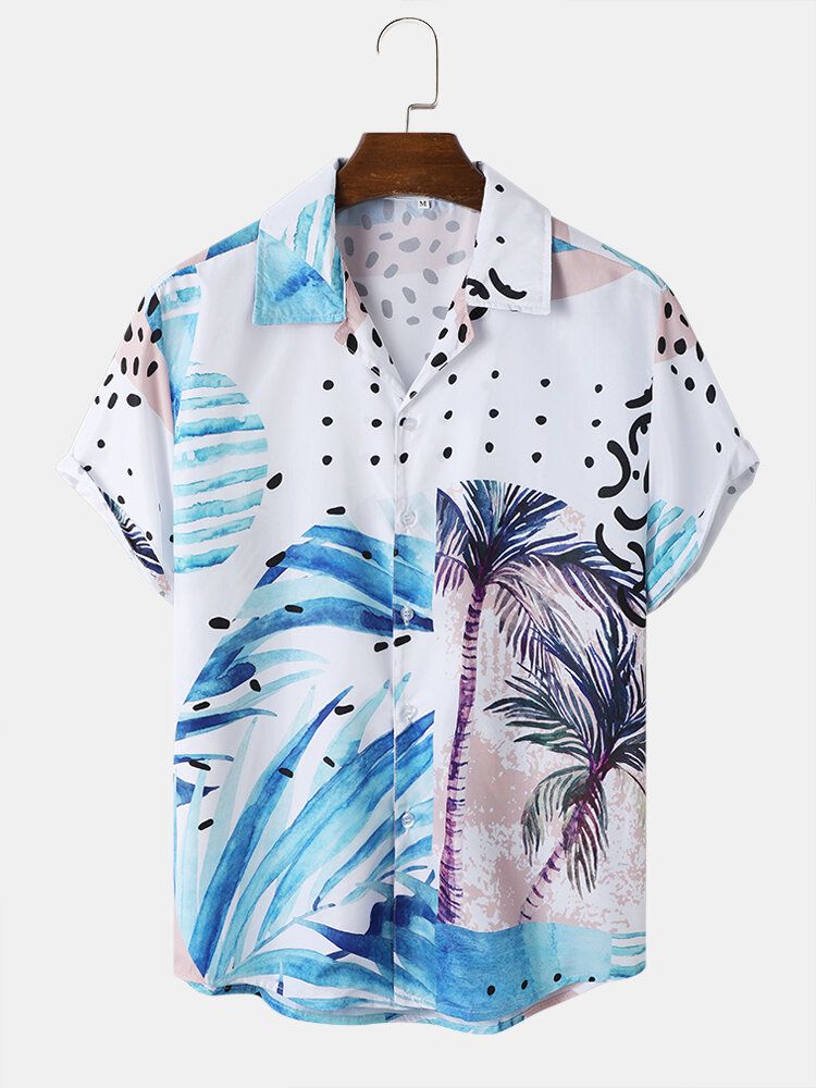 Herr Coconut Tree Print Beachwear Mjuk Bekväm Andas Alla Matchade Skjortor