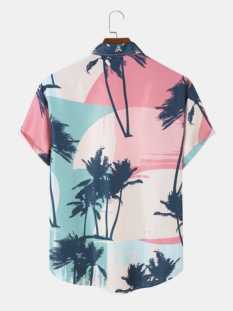 Herr Coconut Tree Print Kortärmad Mjuka Skjortor Som Andas