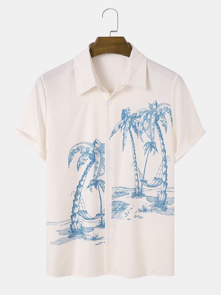 Herr Coconut Tree Print Kortärmade Casual Shirts