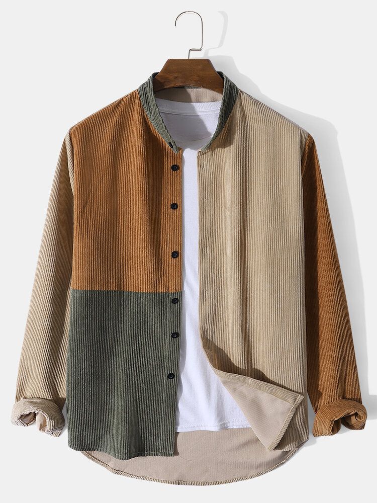 Herr Corduroy Color Block Stativ Krage Button Up Casual Skjortor