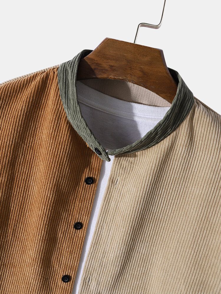 Herr Corduroy Color Block Stativ Krage Button Up Casual Skjortor