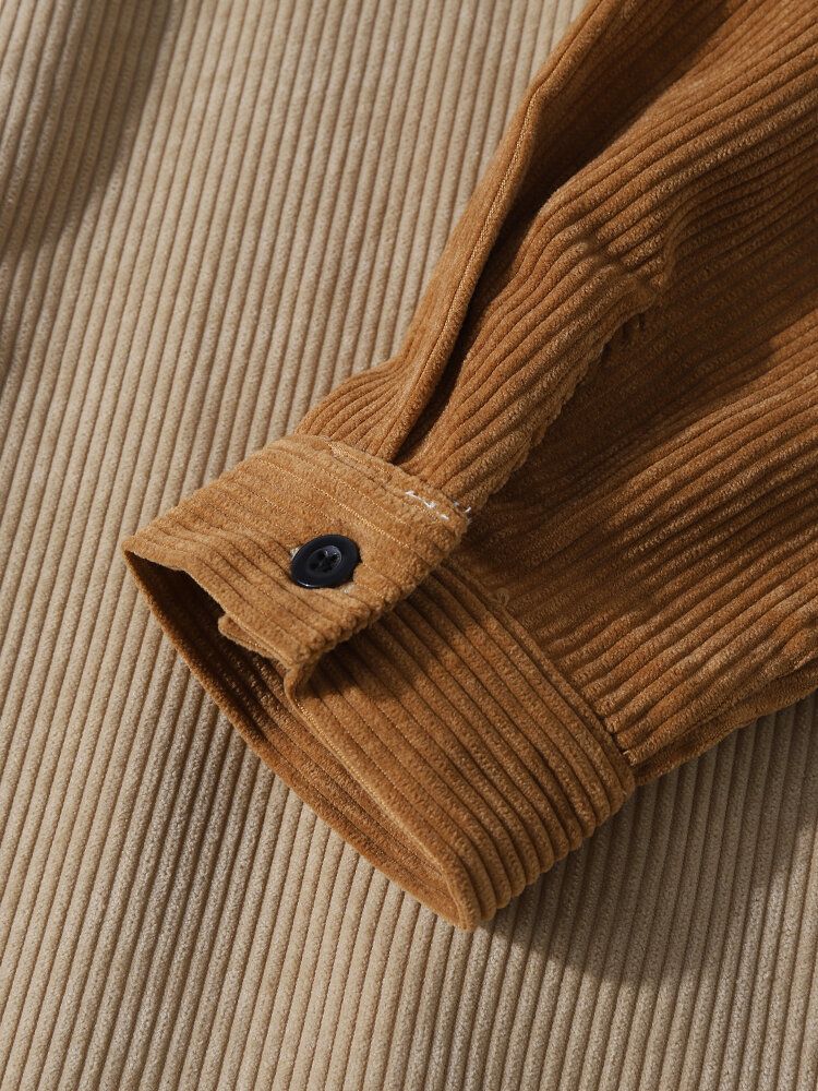 Herr Corduroy Color Block Stativ Krage Button Up Casual Skjortor