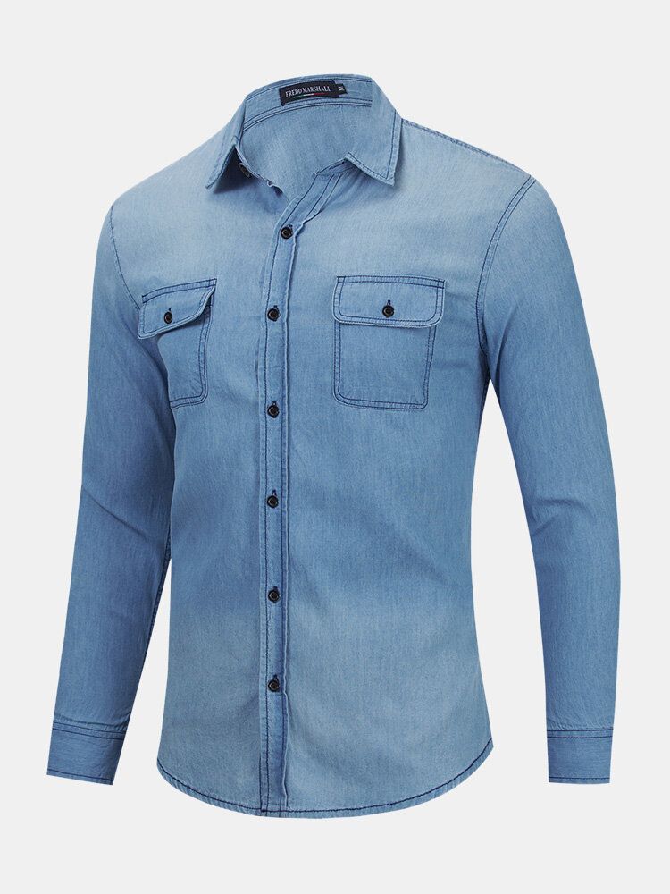 Herr Denim Bröstfickor Button Up Casual Långärmade Skjortor