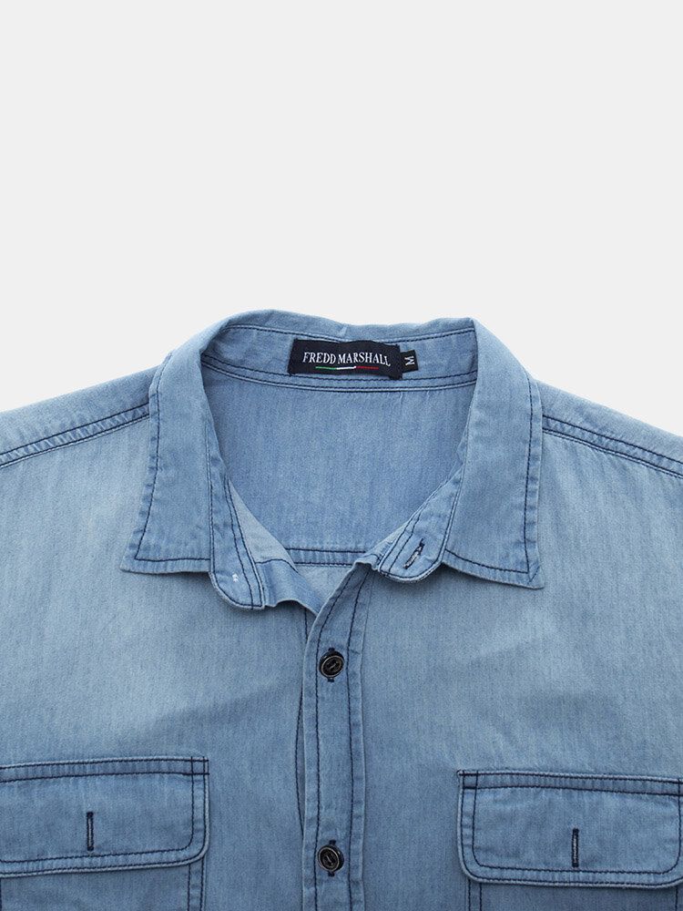 Herr Denim Bröstfickor Button Up Casual Långärmade Skjortor