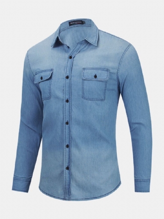 Herr Denim Bröstfickor Button Up Casual Långärmade Skjortor