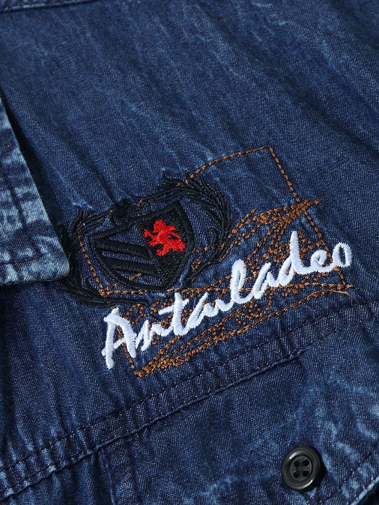 Herr Denim Platt Pocket Enfärgad Knäppning Kortärmade Fritidsskjortor