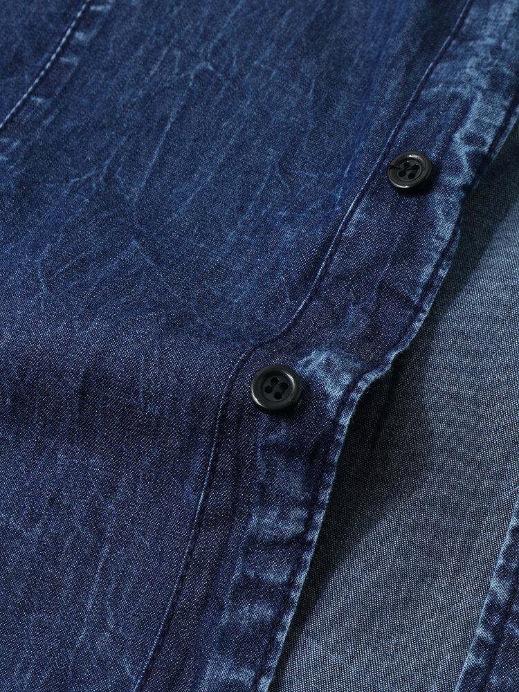 Herr Denim Platt Pocket Enfärgad Knäppning Kortärmade Fritidsskjortor