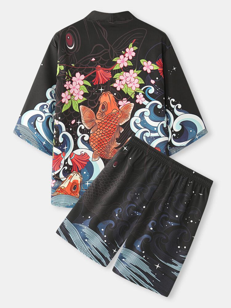 Herr Fiskkörsbärsblommor Koi Baktryck Kimono Japanska Tvådelade Outfits