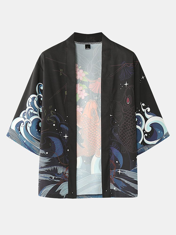 Herr Fiskkörsbärsblommor Koi Baktryck Kimono Japanska Tvådelade Outfits