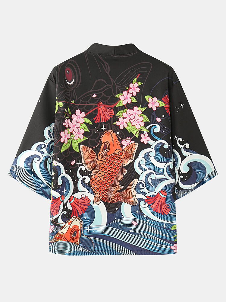 Herr Fiskkörsbärsblommor Koi Baktryck Kimono Japanska Tvådelade Outfits