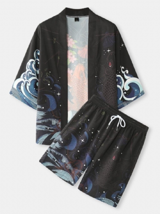 Herr Fiskkörsbärsblommor Koi Baktryck Kimono Japanska Tvådelade Outfits