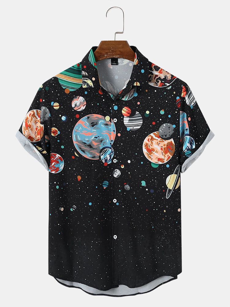 Herr Galaxy Planet Print Black Lapel Shirts