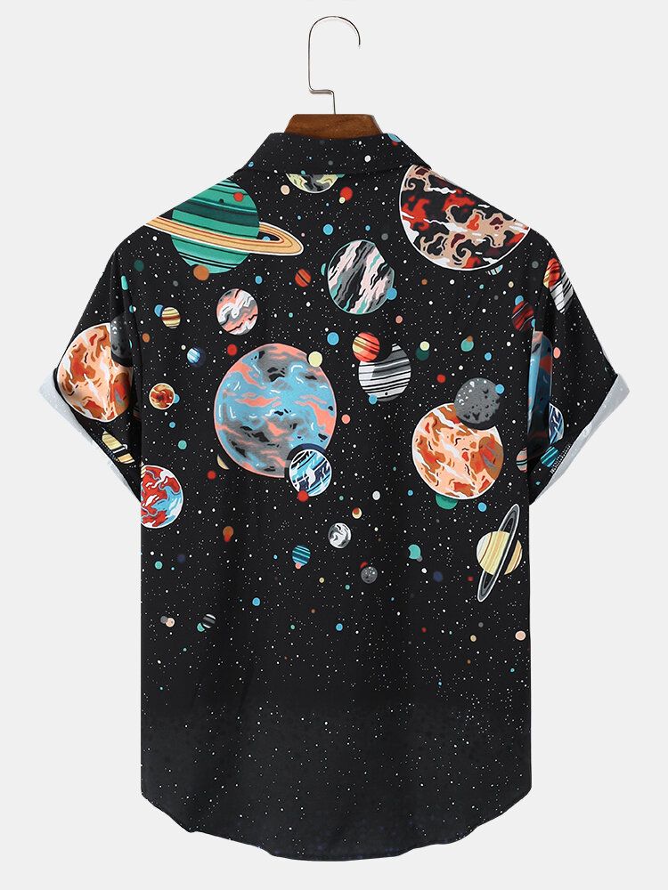 Herr Galaxy Planet Print Black Lapel Shirts