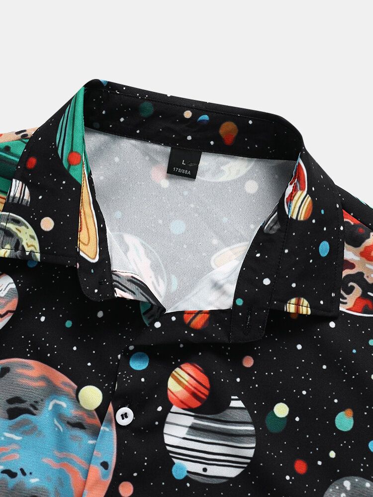 Herr Galaxy Planet Print Black Lapel Shirts