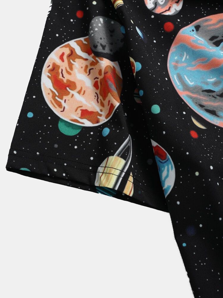 Herr Galaxy Planet Print Black Lapel Shirts