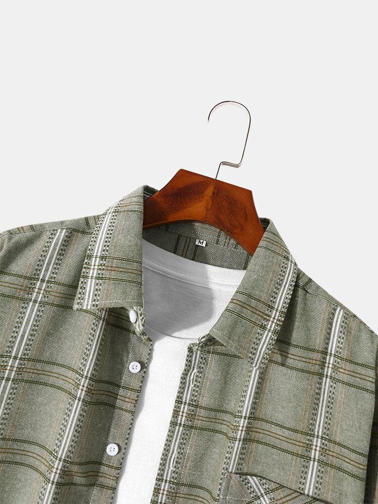 Herr Gingham Bröstficka Button Up Casual Långärmade Skjortor