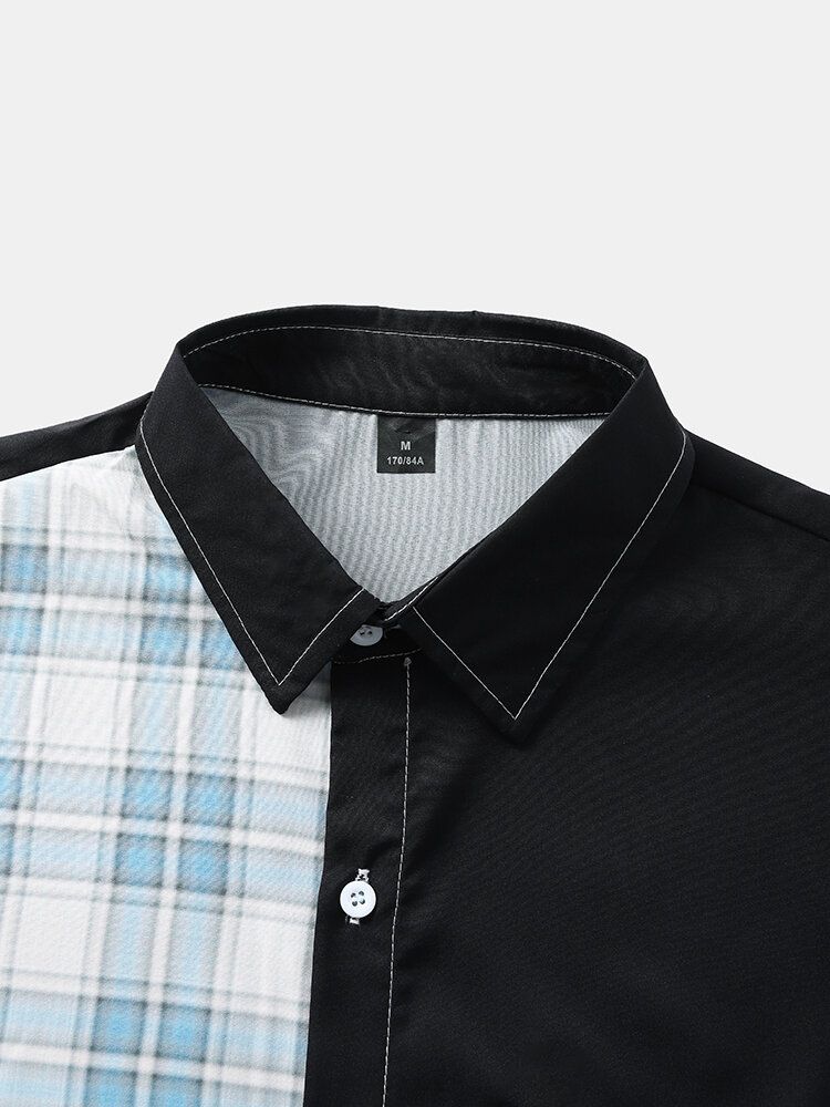 Herr Gingham Patchwork Single Pocket Lapel Collar Curved Hem Shirts