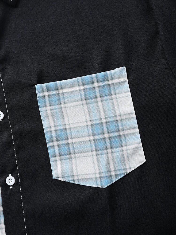 Herr Gingham Patchwork Single Pocket Lapel Collar Curved Hem Shirts