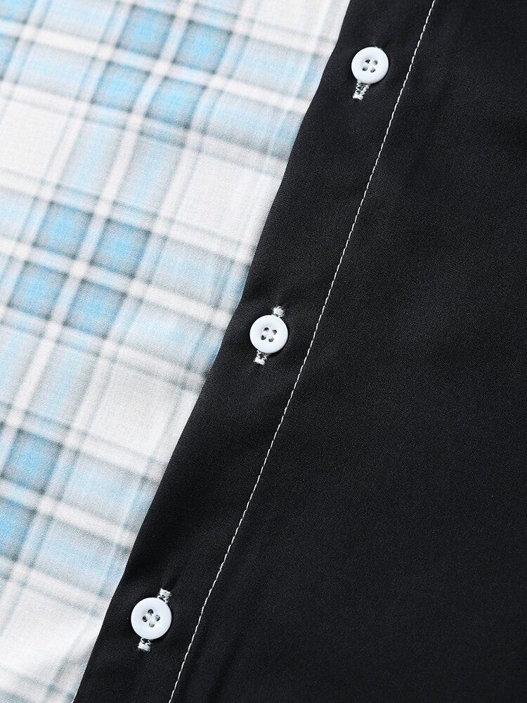 Herr Gingham Patchwork Single Pocket Lapel Collar Curved Hem Shirts