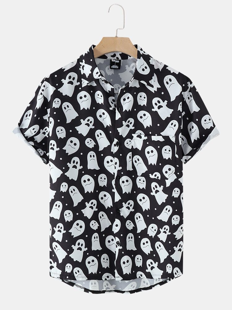 Herr Halloween Allover Ghost Print Button Up Pocket Casual Skjortor