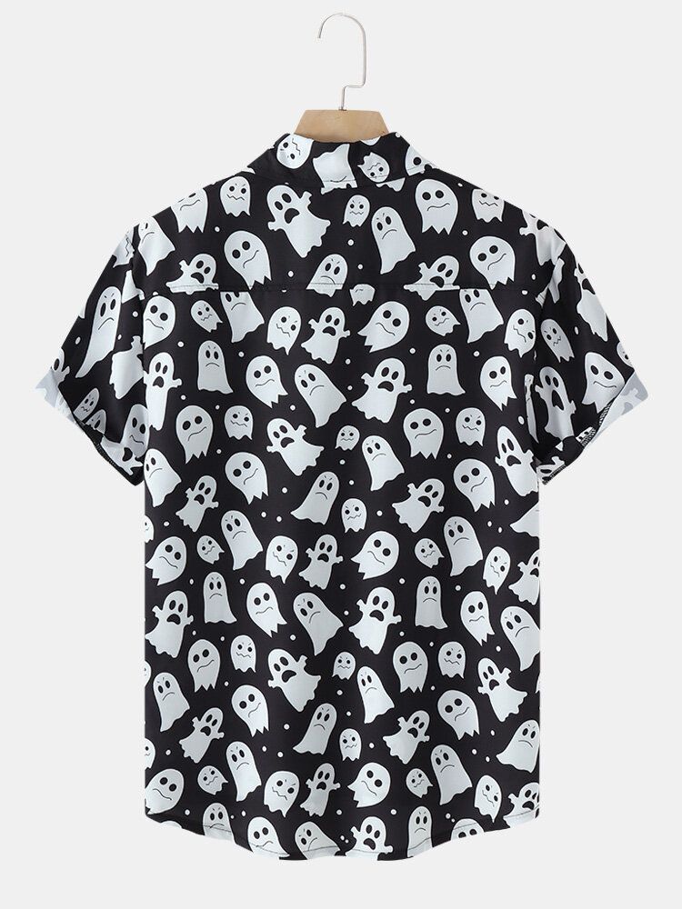 Herr Halloween Allover Ghost Print Button Up Pocket Casual Skjortor