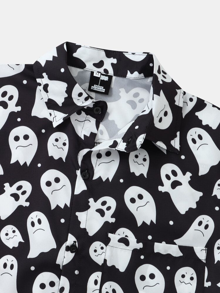 Herr Halloween Allover Ghost Print Button Up Pocket Casual Skjortor