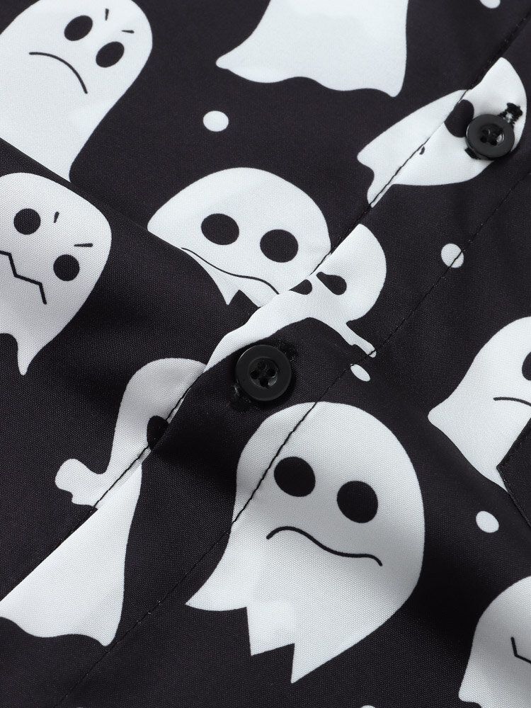 Herr Halloween Allover Ghost Print Button Up Pocket Casual Skjortor