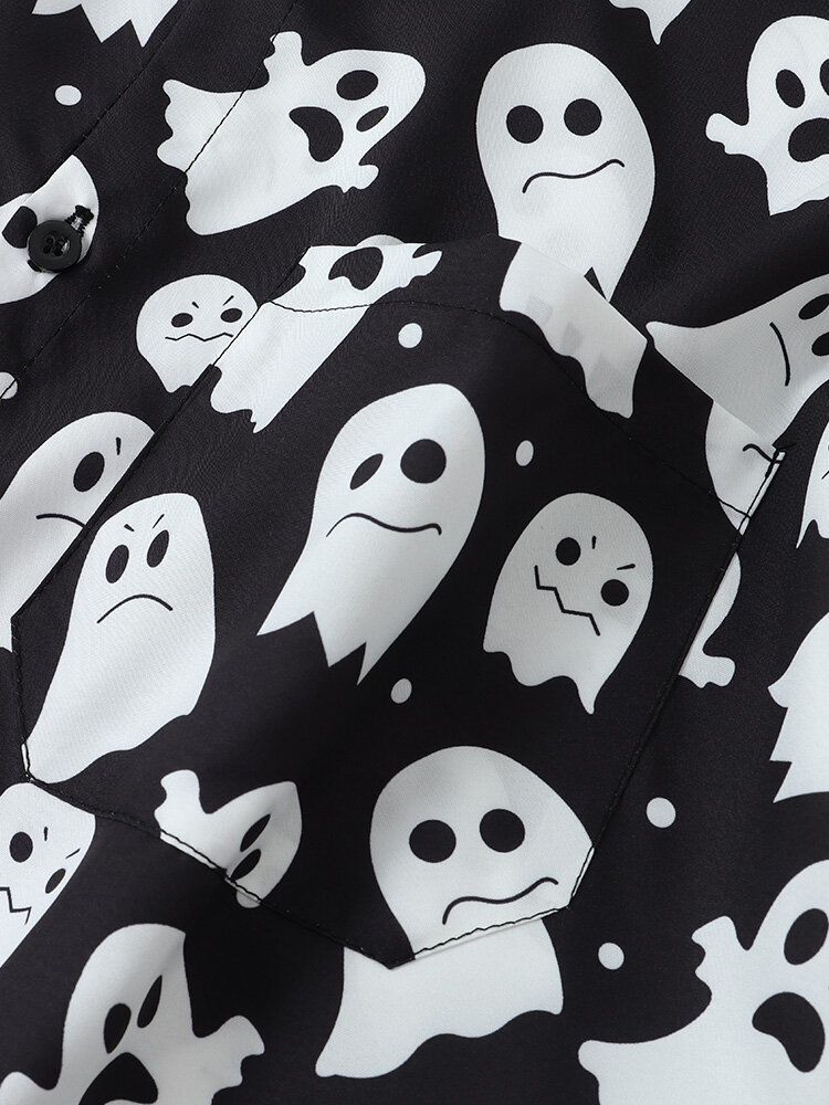 Herr Halloween Allover Ghost Print Button Up Pocket Casual Skjortor