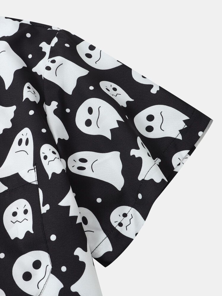 Herr Halloween Allover Ghost Print Button Up Pocket Casual Skjortor