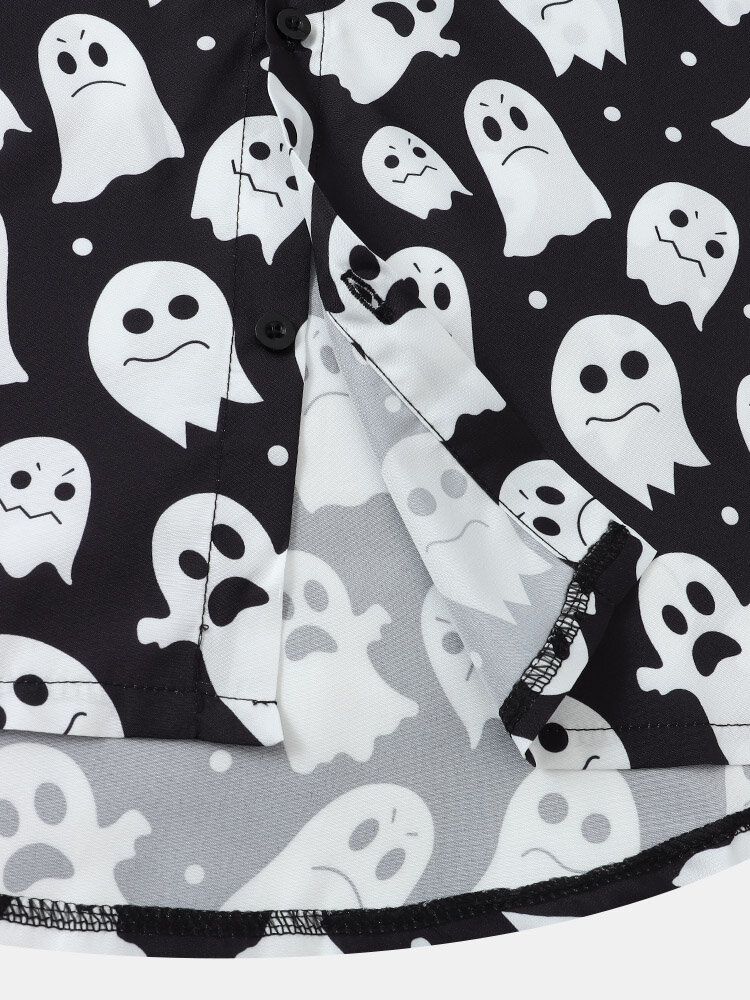 Herr Halloween Allover Ghost Print Button Up Pocket Casual Skjortor