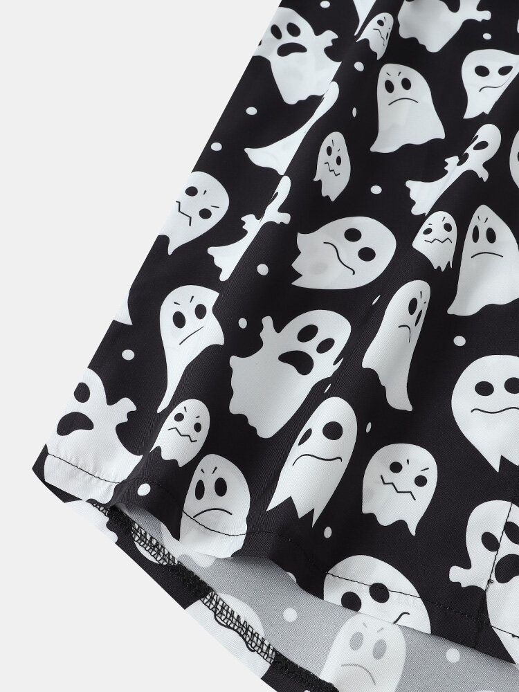 Herr Halloween Allover Ghost Print Button Up Pocket Casual Skjortor