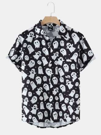 Herr Halloween Allover Ghost Print Button Up Pocket Casual Skjortor