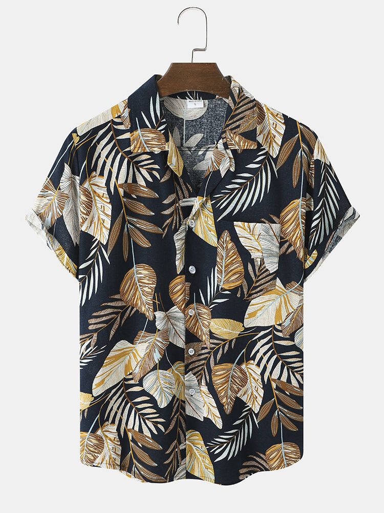 Herr Hawaii Style Tropical Leaf Print Fåll Manschett Mjuk Fritidsknapp Designade Skjortor