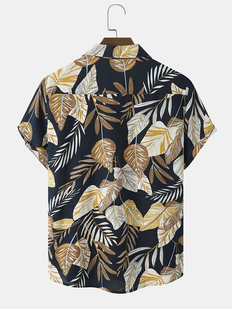 Herr Hawaii Style Tropical Leaf Print Fåll Manschett Mjuk Fritidsknapp Designade Skjortor