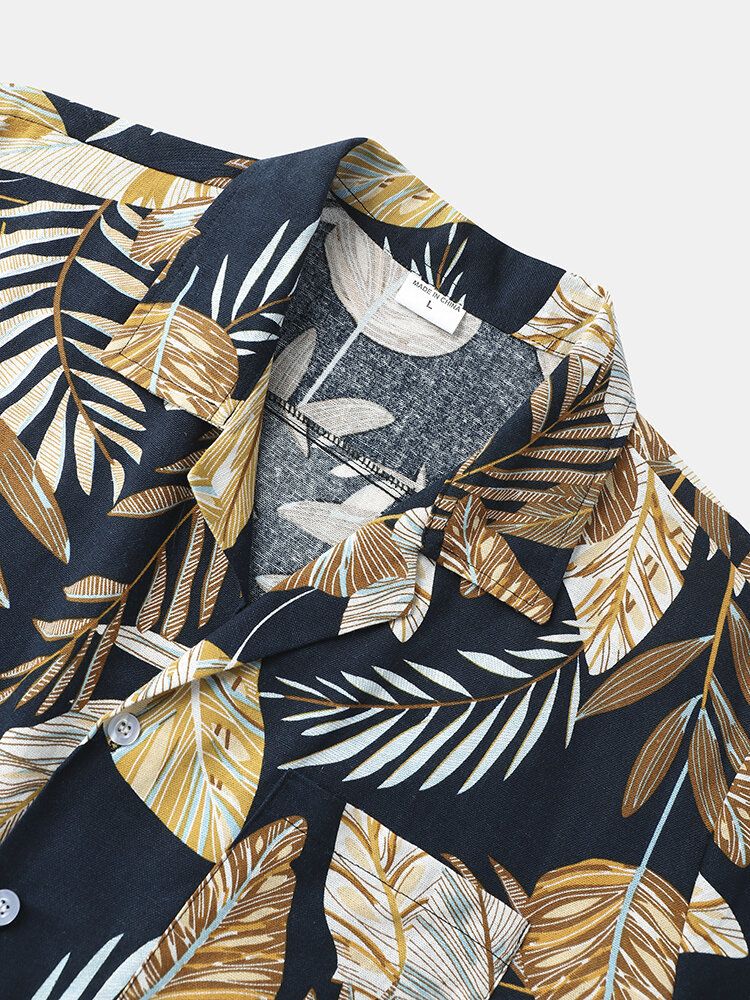 Herr Hawaii Style Tropical Leaf Print Fåll Manschett Mjuk Fritidsknapp Designade Skjortor