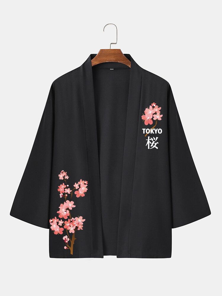 Herr Japansk Stil Cherry Sakuras Tryck Sjalkrage Front Open Leisure Shirts