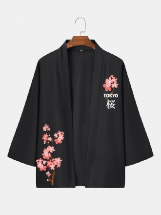 Herr Japansk Stil Cherry Sakuras Tryck Sjalkrage Front Open Leisure Shirts