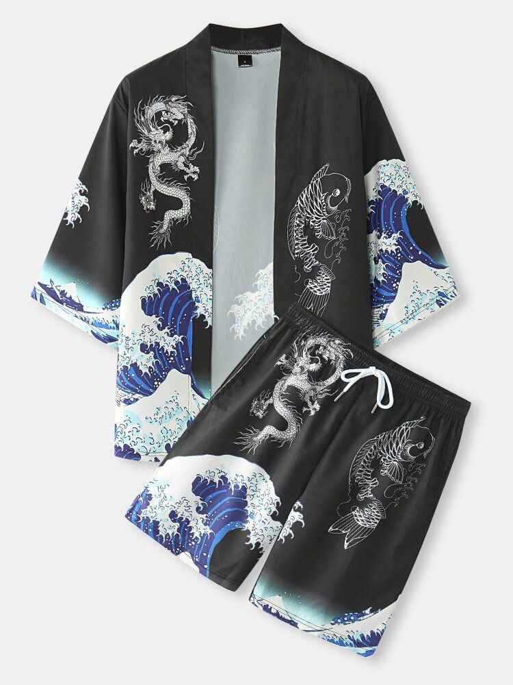 Herr Japansk Stil Wave Koi Ukiyoe Tryck Kimono Two Piece Outfits