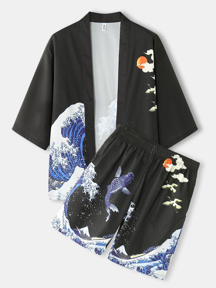 Herr Kimono Waves Kepsmönster Japansk Elastisk Midja Tvådelade Outfits