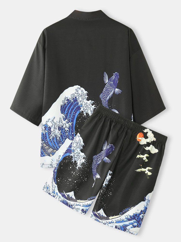 Herr Kimono Waves Kepsmönster Japansk Elastisk Midja Tvådelade Outfits