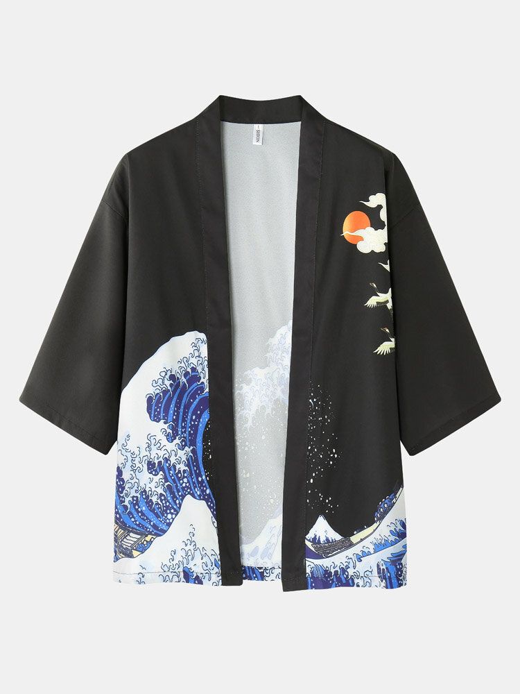 Herr Kimono Waves Kepsmönster Japansk Elastisk Midja Tvådelade Outfits