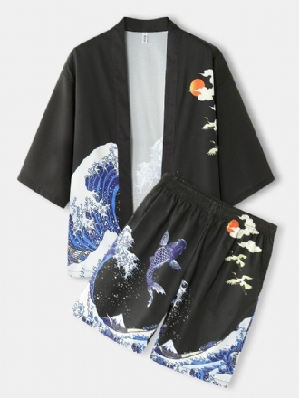 Herr Kimono Waves Kepsmönster Japansk Elastisk Midja Tvådelade Outfits