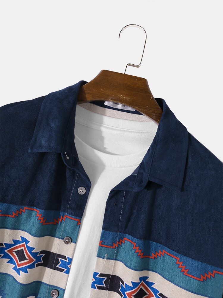 Herr Kontrast Geotryck Faux Mocka Button Up Casual Långärmade Skjortor