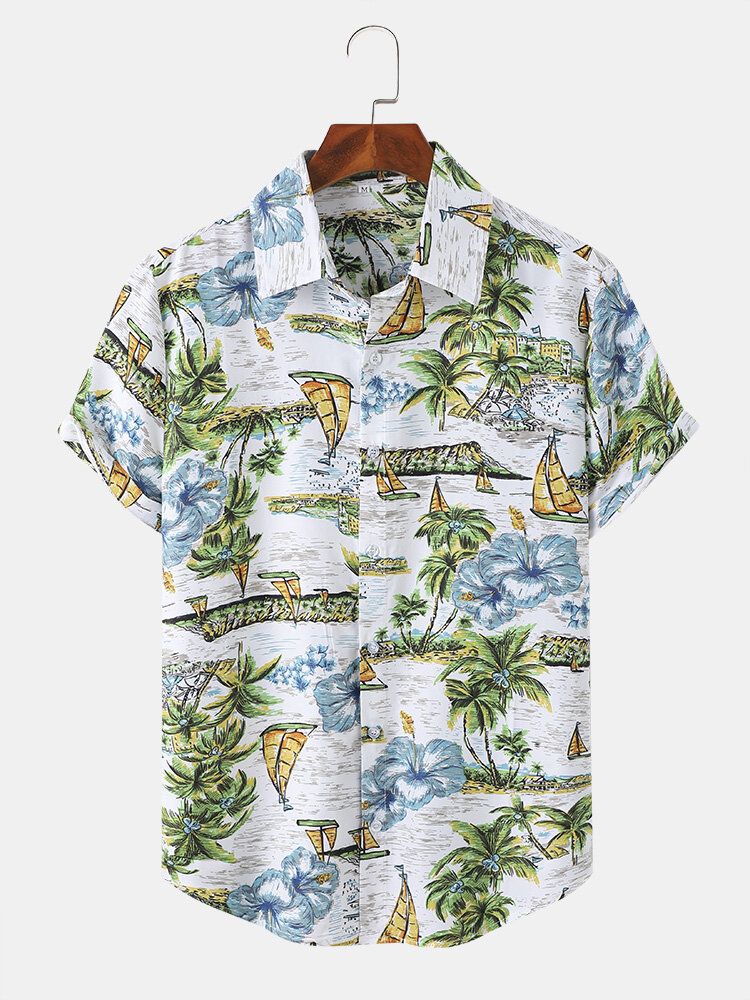 Herr Landskap Båt Trädmönster Kortärmad Hawaii Style Eleganta Skjortor