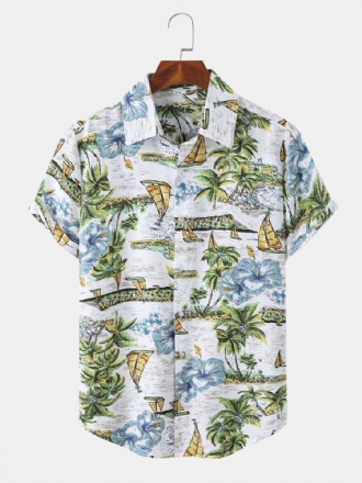 Herr Landskap Båt Trädmönster Kortärmad Hawaii Style Eleganta Skjortor