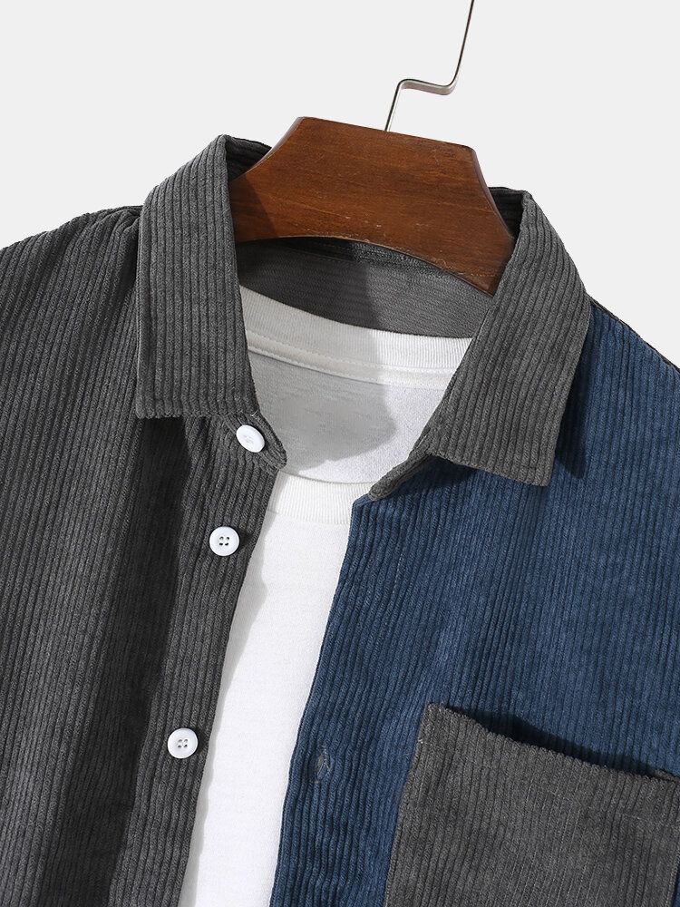 Herr Manchester Contrast Colorblock Front Button Lapel Casual Shirts