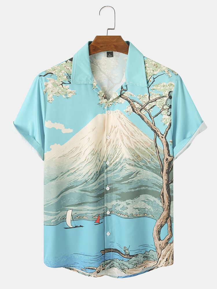 Herr Mountain Pattern Landscape Print Kortärmade Casual Shirts