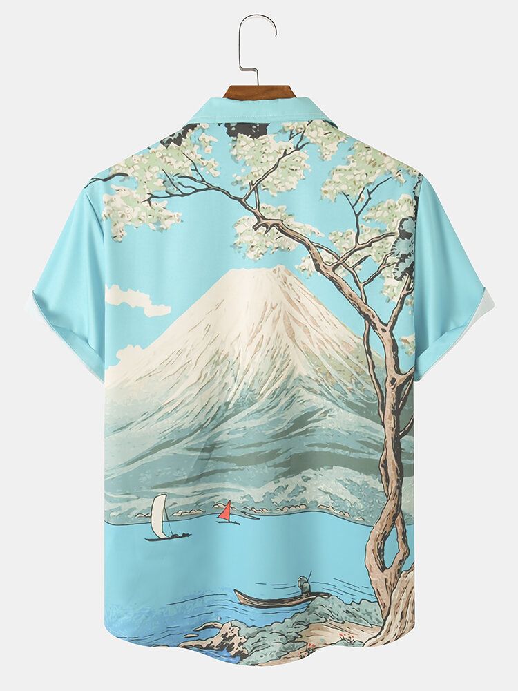 Herr Mountain Pattern Landscape Print Kortärmade Casual Shirts