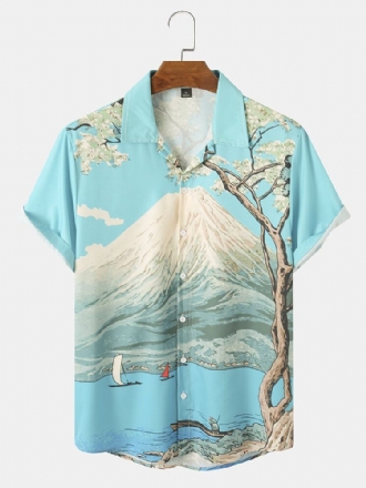 Herr Mountain Pattern Landscape Print Kortärmade Casual Shirts