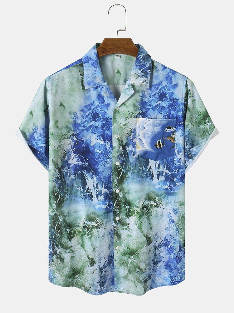 Herr Ocean Waves Print Splitsade Hawaiian Holiday Shirts Med Enkel Bröstficka